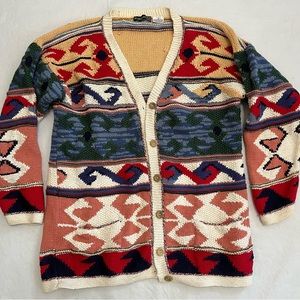 Vintage Harold’s Aztec Colorful Cotton Chunky Knit Cardigan Button Front